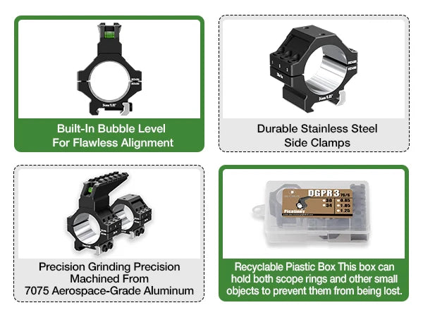 7075 Series Aluminum Heavy Duty Scope Rings - Bubble Level & Picatinny Rail | 30mm or 34mm-Fits 0.85/1.05/1.25-inch Bases