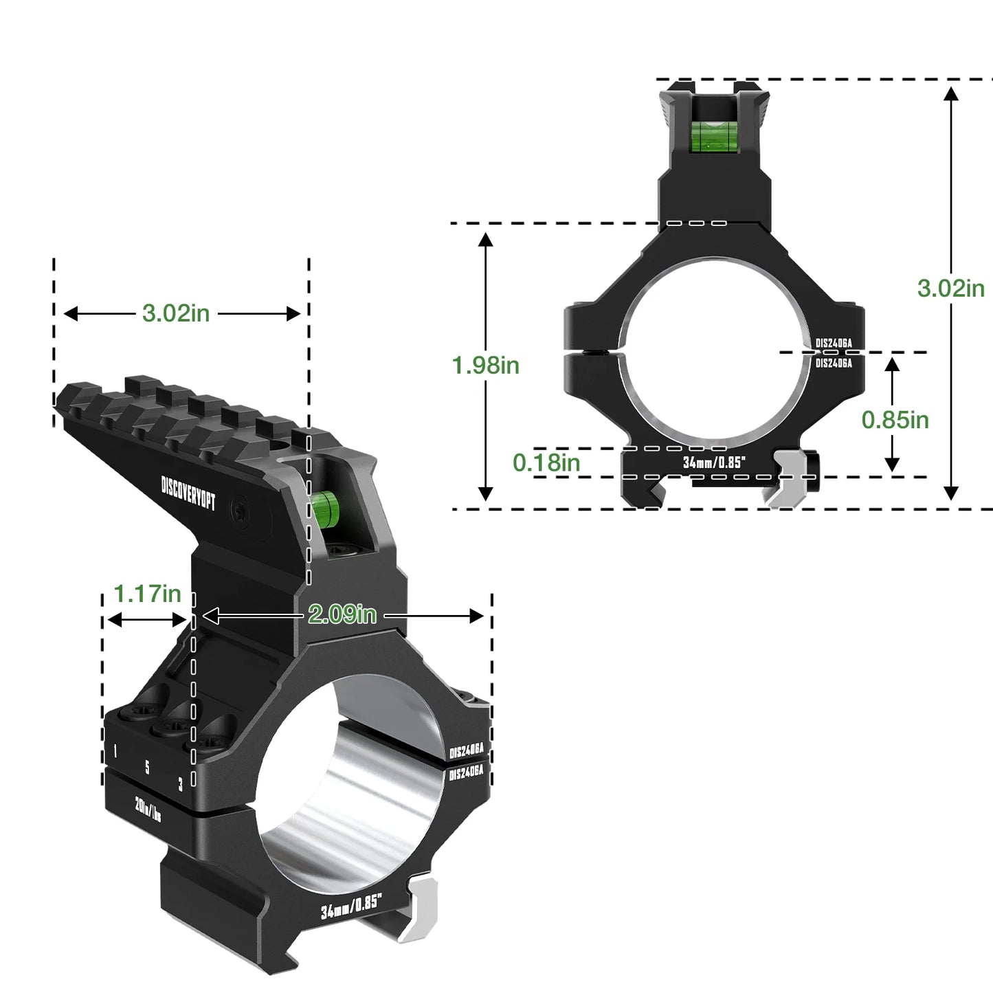7075 Series Aluminum Heavy Duty Scope Rings - Bubble Level & Picatinny Rail | 30mm or 34mm-Fits 0.85/1.05/1.25-inch Bases