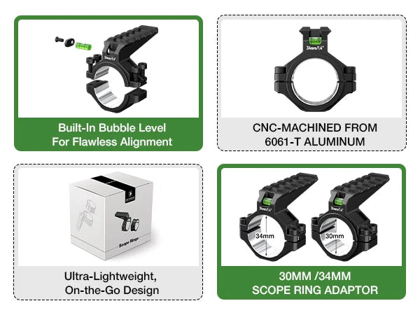 6061 Series Aluminum Scope Rings - Bubble Level & Picatinny Rail | 30/34MM-Fits 0.85-inch Bases