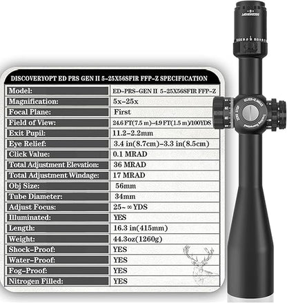 DISCOVERYOPT ED-PRS GENⅡ 5-25X56SFIR FFP-MRAD/MOA-ZERO STOP  Diameter:34MM Optics Scopes