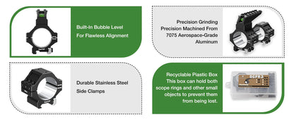 7075 Series Aluminum Heavy Duty Scope Rings -  Bubble Level & Picatinny Rail | 30mm or 34mm-Fits 0.85/1.05/1.25-inch Bases