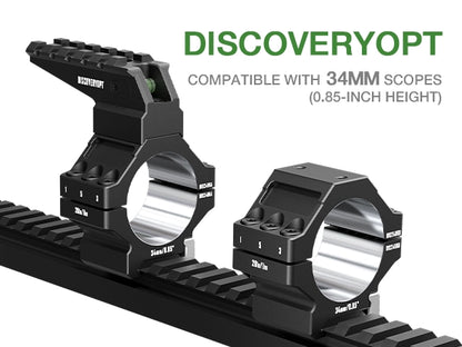 DISCOVERYOPT 7075 Aluminum Heavy Duty Scope Rings – 30mm/34mm Tube | Precision-Lapped with Bubble Level & Top Picatinny Rail | Fits 0.85"/1.05"/1.25" Bases