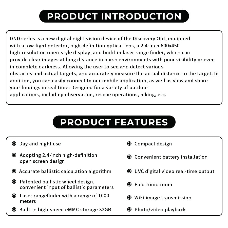 DISCOVERYOPT DND350BC Digital Night Vision Scope – | High-Resolution Night Vision Optics with Laser Rangefinder &amp; Ballistic Calculator