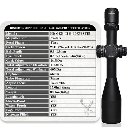 DISCOVERYOPT HD GEN II 5-30X56 SFIR FFP-Z-MRAD/MOA Diameter:34MM Optics Scopes