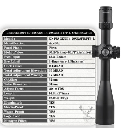 DISCOVERYOPT ED-PRS GENⅡ 4-20X52SFIR FFP-MRAD-Z/L Diameter:34MM Optics Scope
