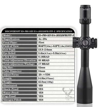 DISCOVERYOPT ED-PRS GENⅡ 4-20X52SFIR FFP-MRAD-Z/L Diameter:34MM Optics Scope