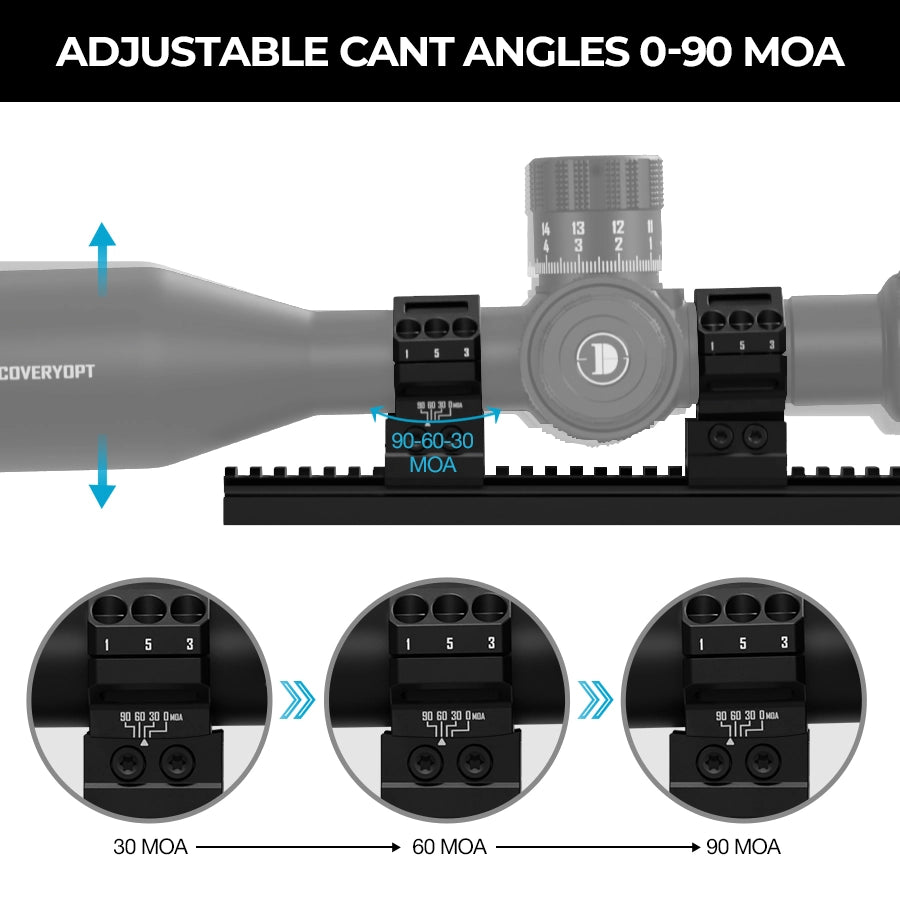 DISCOVERYOPT 7075 Aluminum Heavy Duty Angle-Adjustable 30/60/90 MOA Scope Rings – Fits 34mm Tube | 1.35" Height | Picatinny Rail Compatible