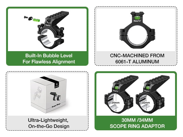 DISCOVERYOPT Single Scope Ring with Integrated Bubble Level & Top Picatinny Rail - Fits 30mm/34mm Tubes