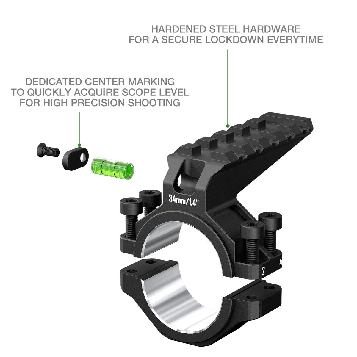 DISCOVERYOPT Single Scope Ring with Integrated Bubble Level & Top Picatinny Rail - Fits 30mm/34mm Tubes