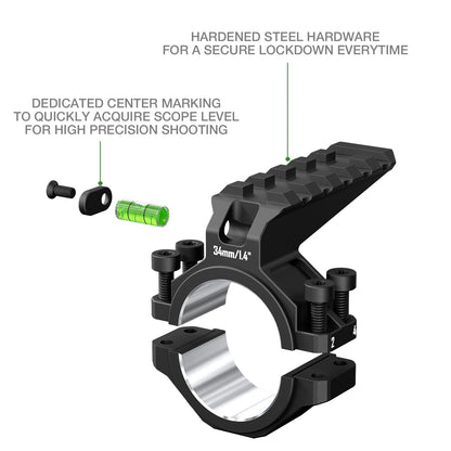 DISCOVERYOPT Single Scope Ring with Integrated Bubble Level & Top Picatinny Rail - Fits 30mm/34mm Tubes