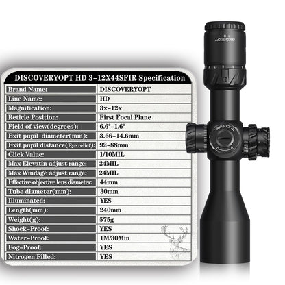 DISCOVERYOPT HD 3-12X44SFIR FFP-MIL  Tube Diameter:30MM Short Optics Scopes
